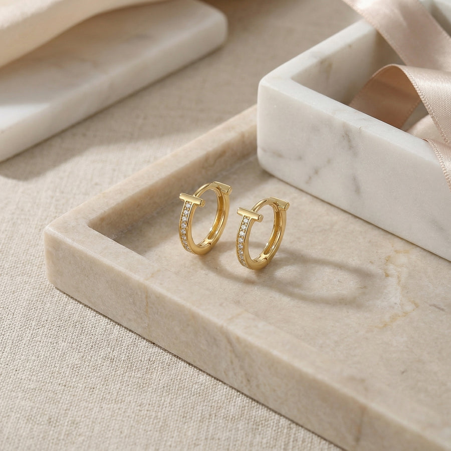 T-Shaped Pavé Huggie Hoop Earrings – sterling silver earrings, front view