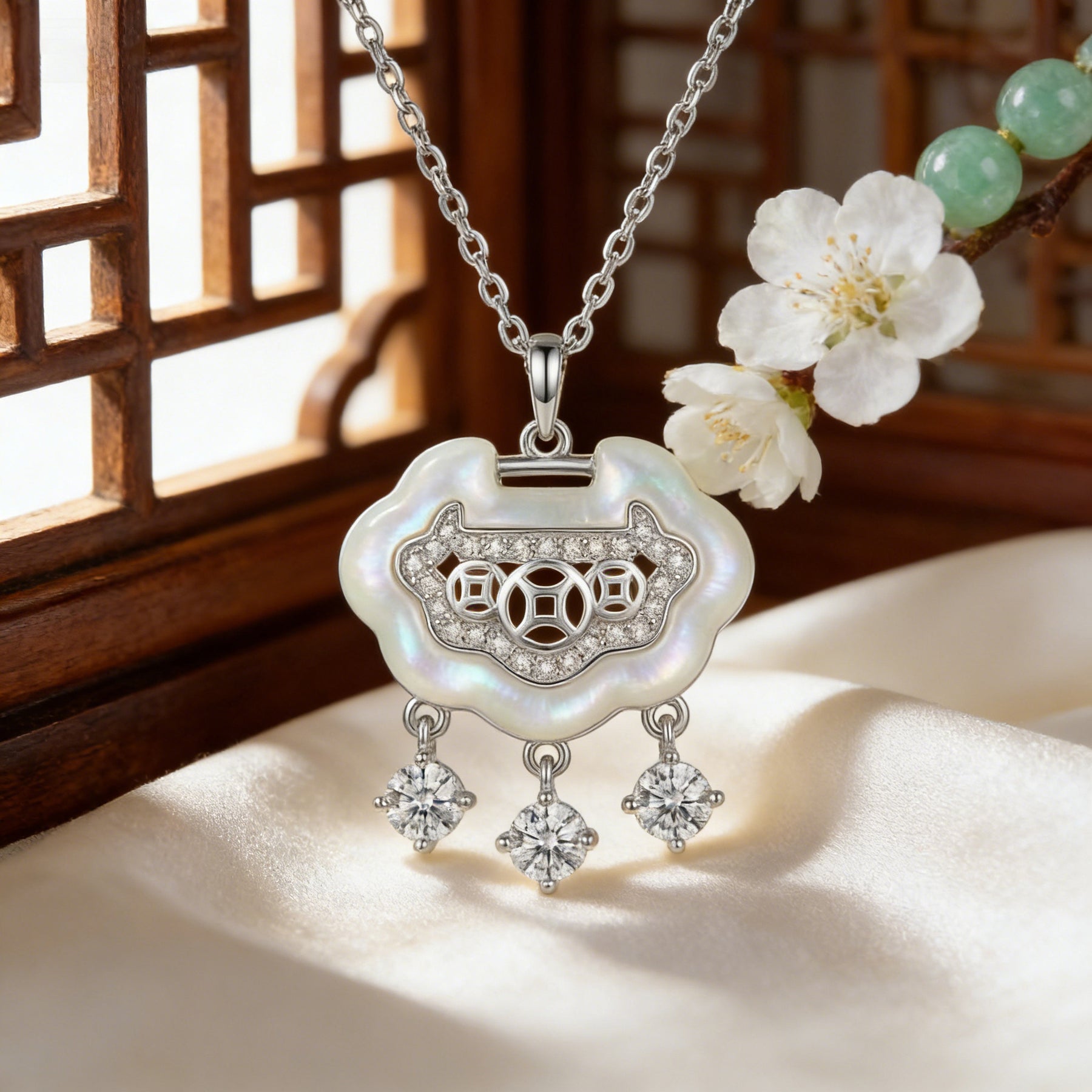 Ruyi Longevity Lock Pendant Necklace – mother-of-pearl necklace