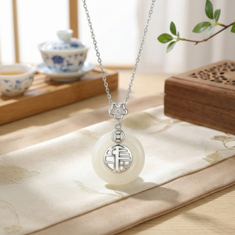 Jade 'Fu' Blessing Pendant Necklace – jade necklace, front view