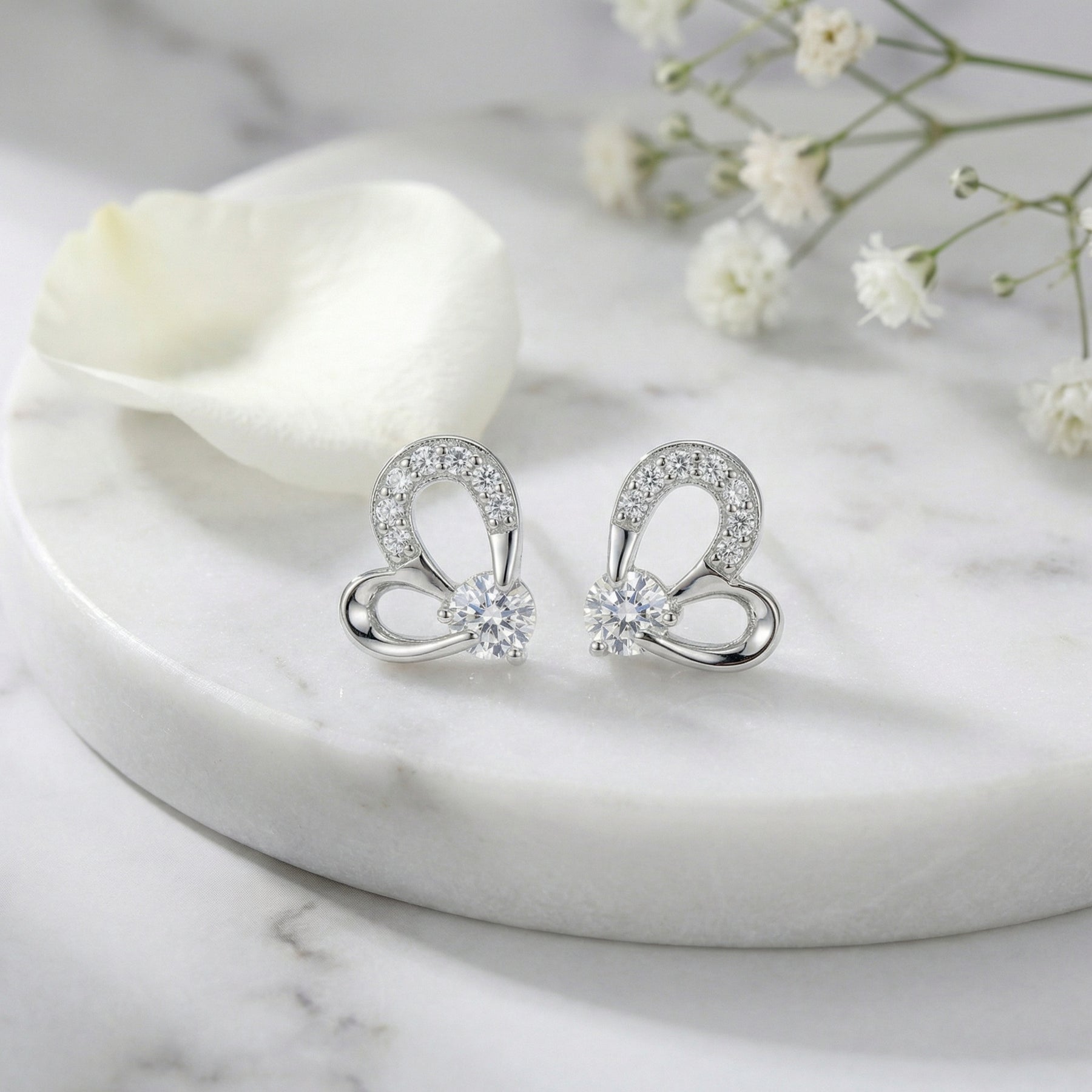 Stylized Heart Stud Earrings – sterling silver earrings, front view