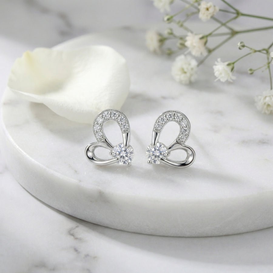 Stylized Heart Stud Earrings – sterling silver earrings, front view