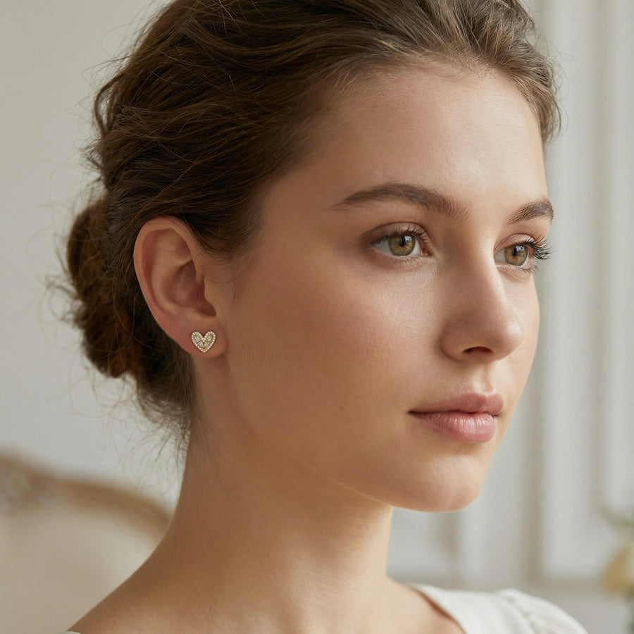 Sparkling stone Heart Studs, Baguette Accents – sterling silver earrings, front view