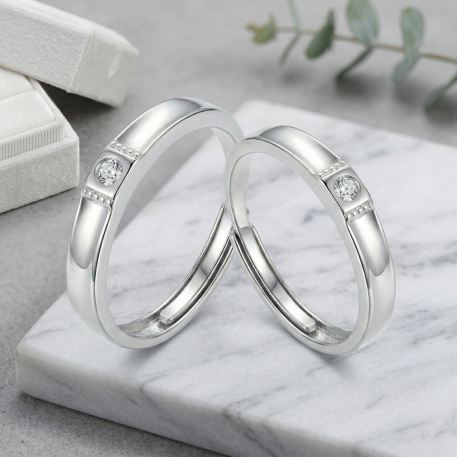 Minimalist Sparkling Couple Rings – sterling silver ring, front view