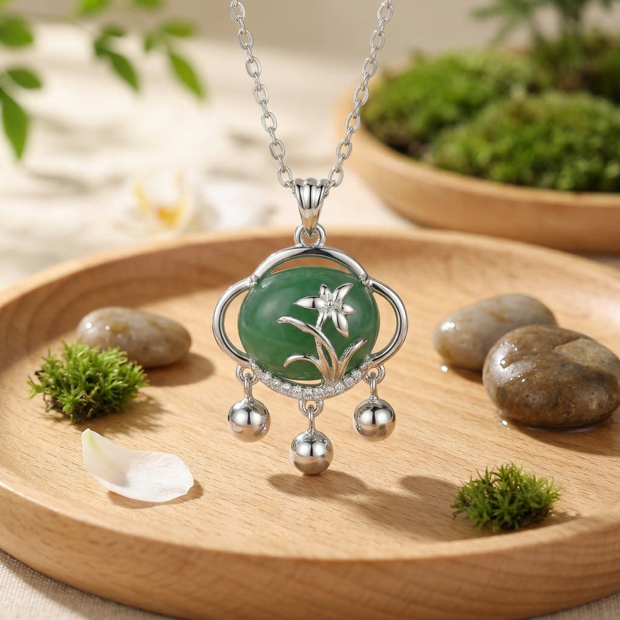 Floral Green Jade Pendant Necklace – jade necklace, front view