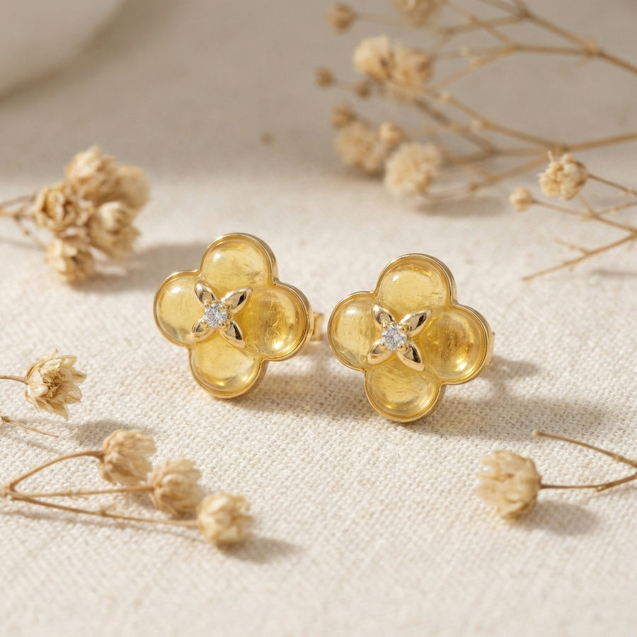 Citrine Clover Stud Earrings – sterling silver earrings, side detail