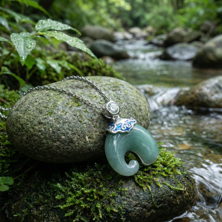 Green Jade Necklace with Blue Enamel Cloud – jade necklace, close-up
