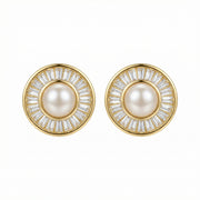 Pearl Sunburst Baguette Halo Studs – pearl earrings, close-up