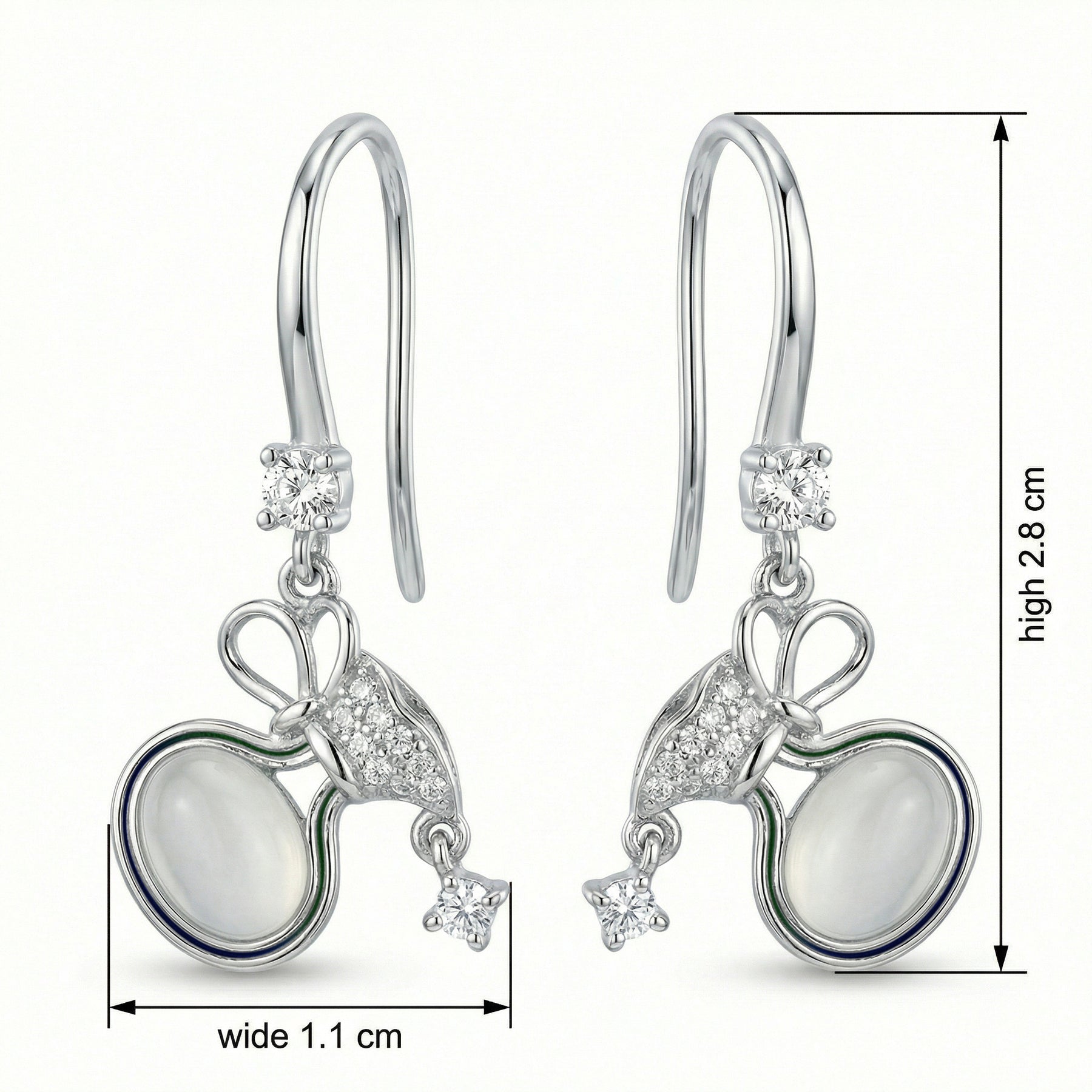Bow Drop Earrings with Moonstone – sterling silver earrings, front view