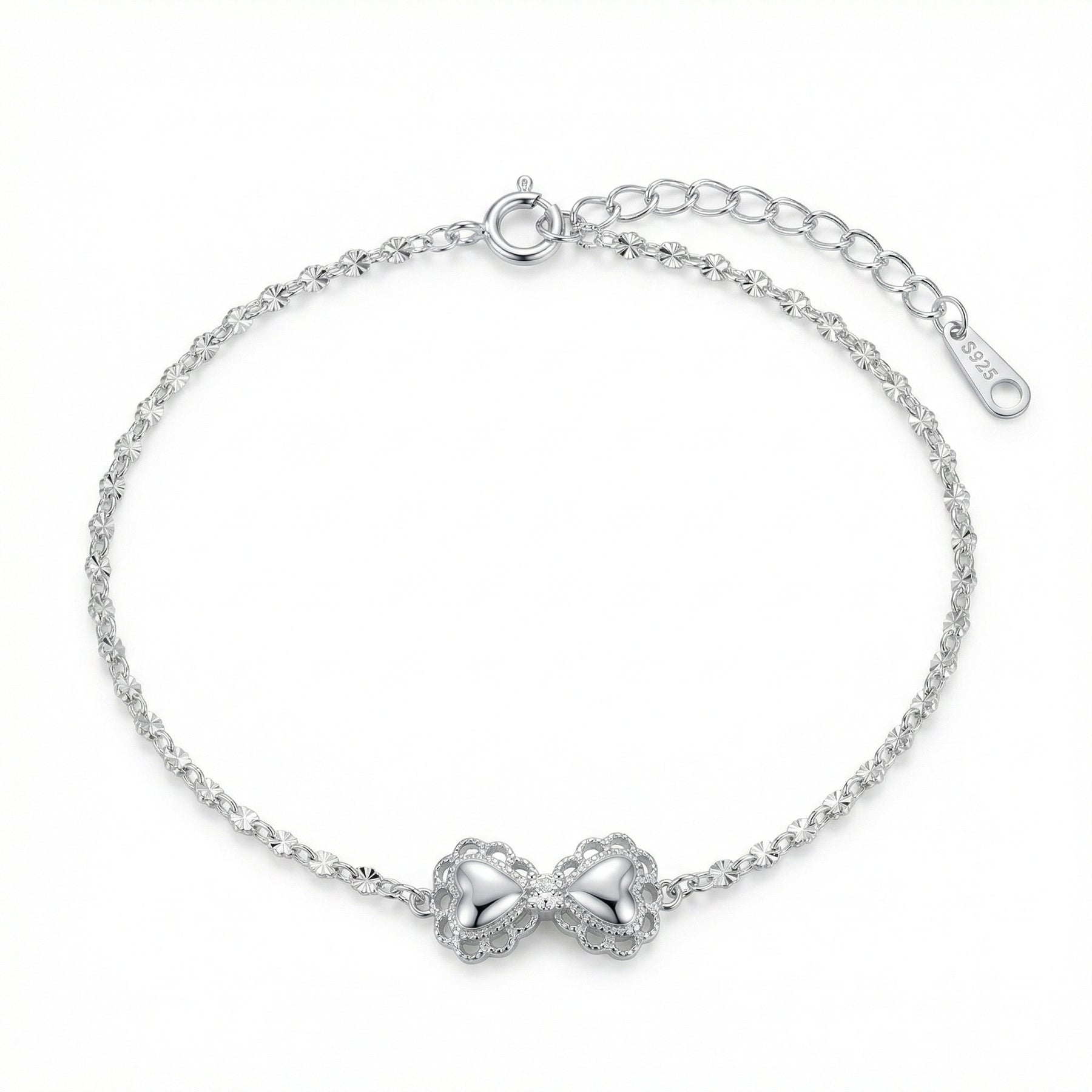 Heart Bowknot Charm Bracelet – sterling silver bracelet, close-up