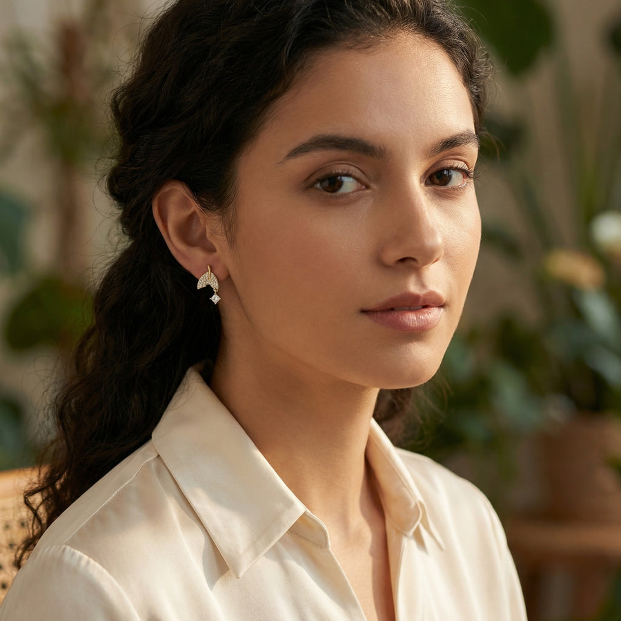 Pavé Whale Tail Dangle Earrings – sterling silver earrings, close-up