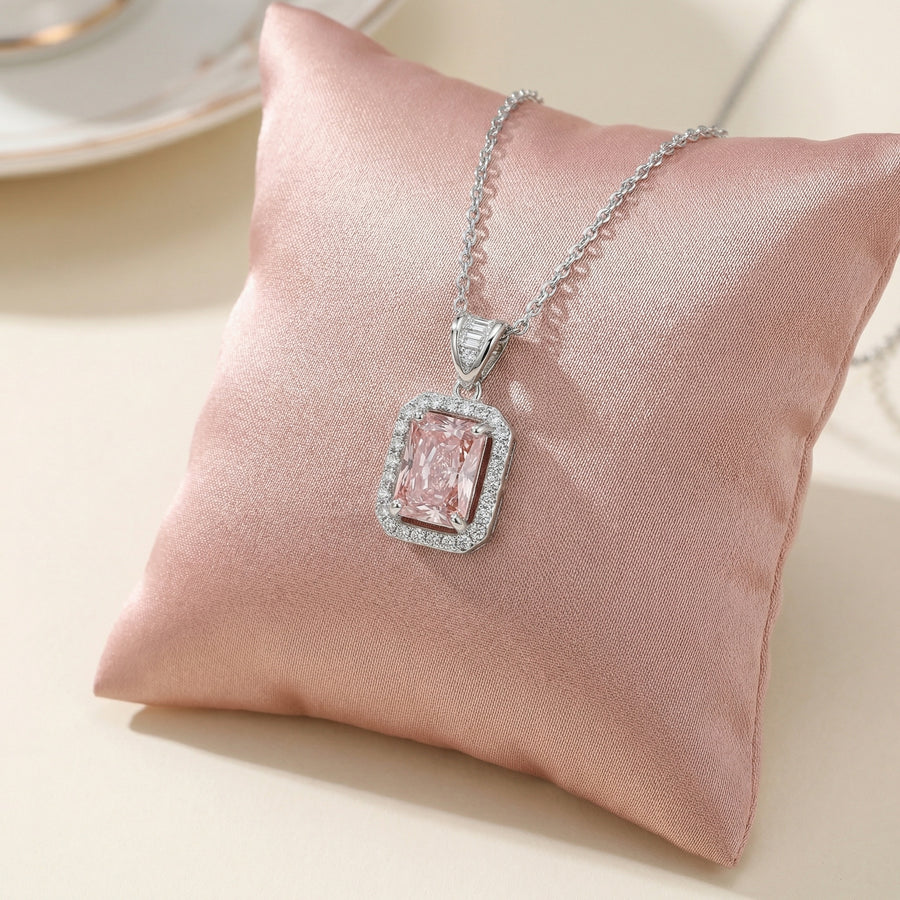 Radiant-Cut Pink Gemstone Necklace – sterling silver necklace, close-up