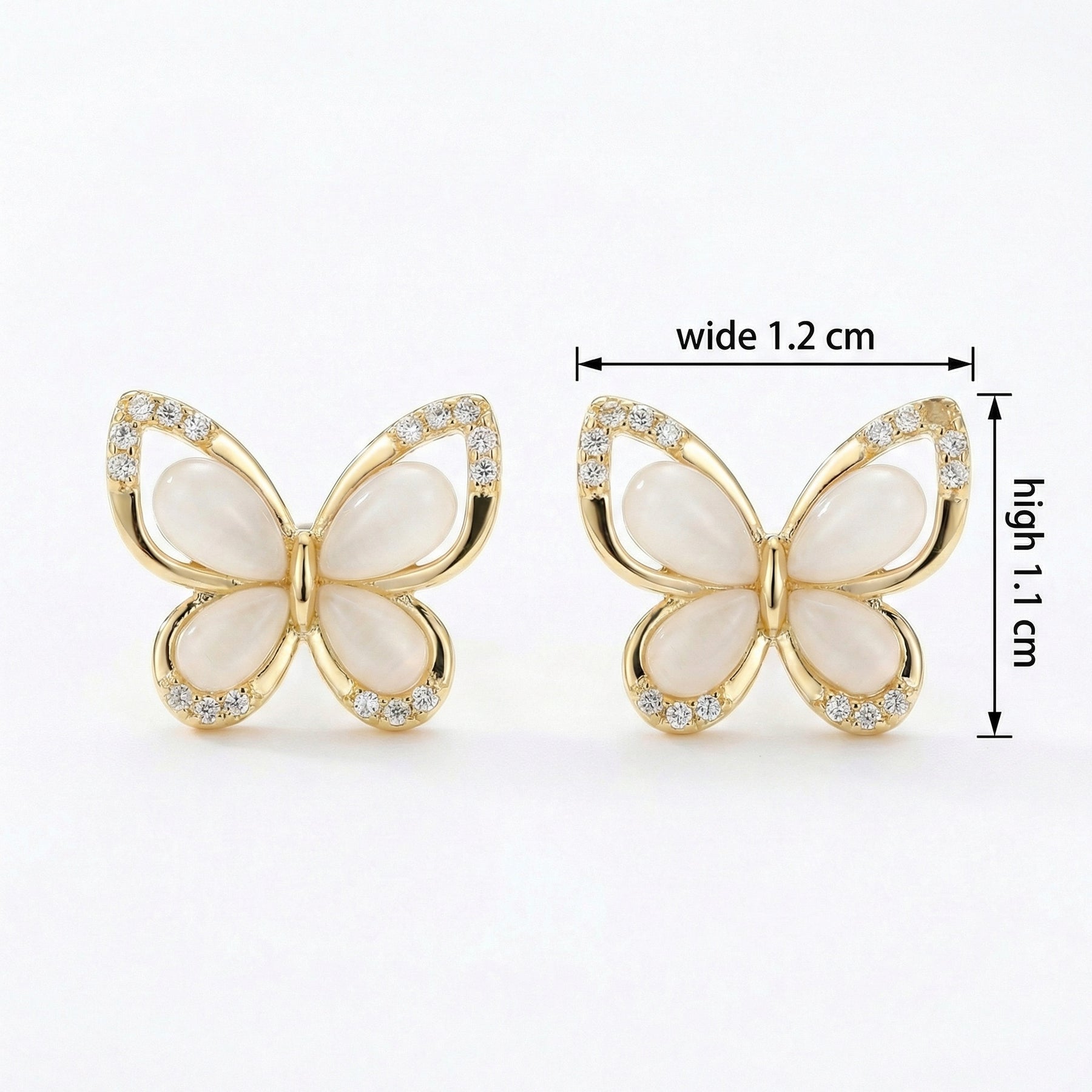 Butterfly Studs, White Inlay Wings – sterling silver earrings, close-up