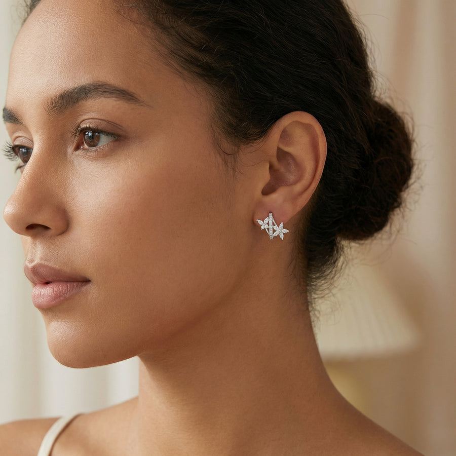 Flower and Butterfly Huggie Hoop Earrings – sterling silver earrings, close-up