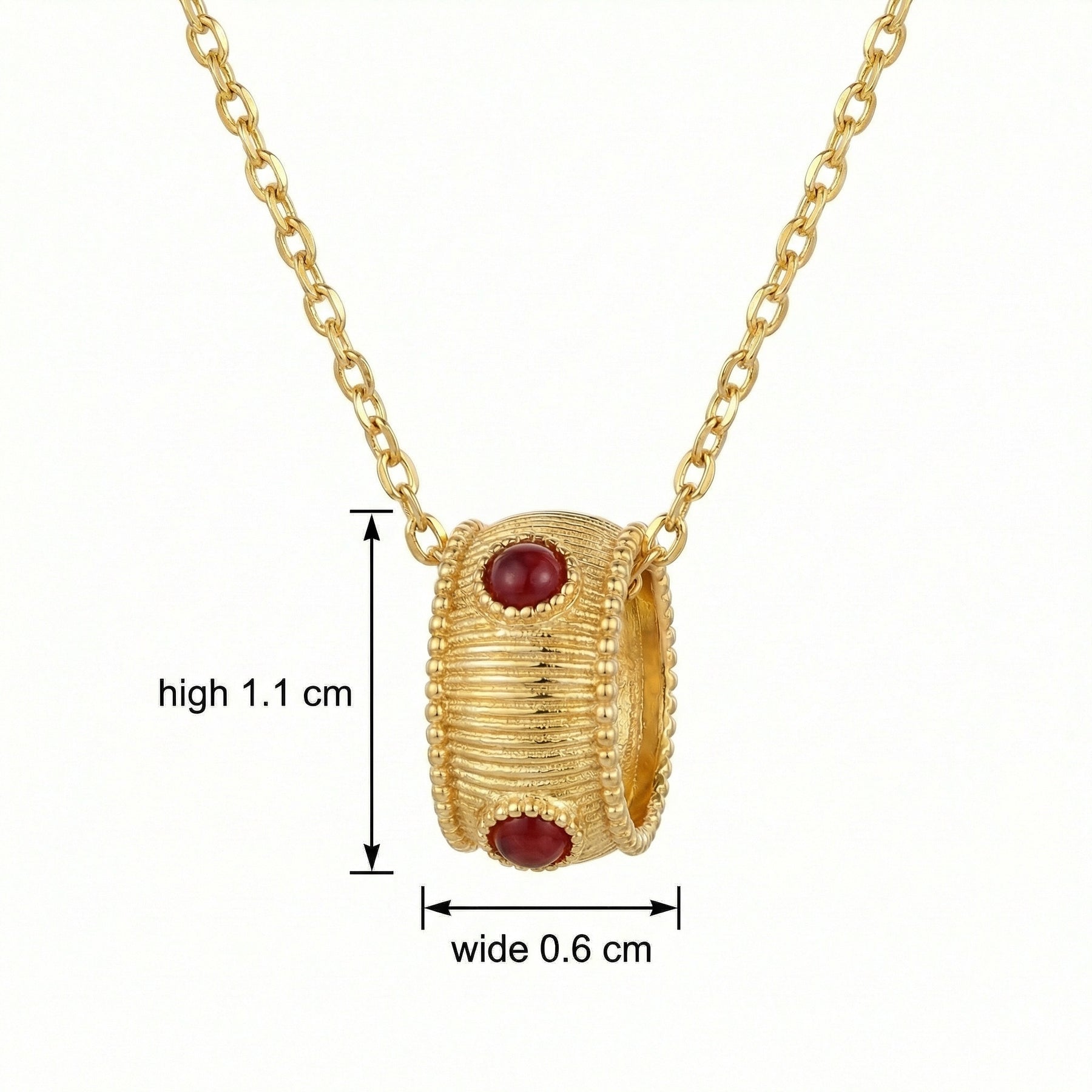 Ribbed Barrel Pendant, Red Cabochons – sterling silver necklace, front view