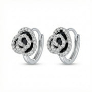 Rose Flower Huggie Hoop Earrings – sterling silver earrings, front view
