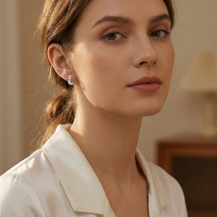 Deep green Huggie Hoop Earrings – green stone earrings, front view