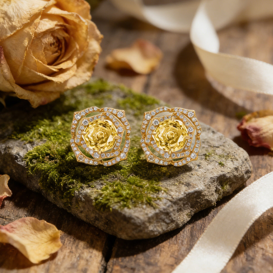 Citrine Rose Halo Stud Earrings – sterling silver earrings, close-up