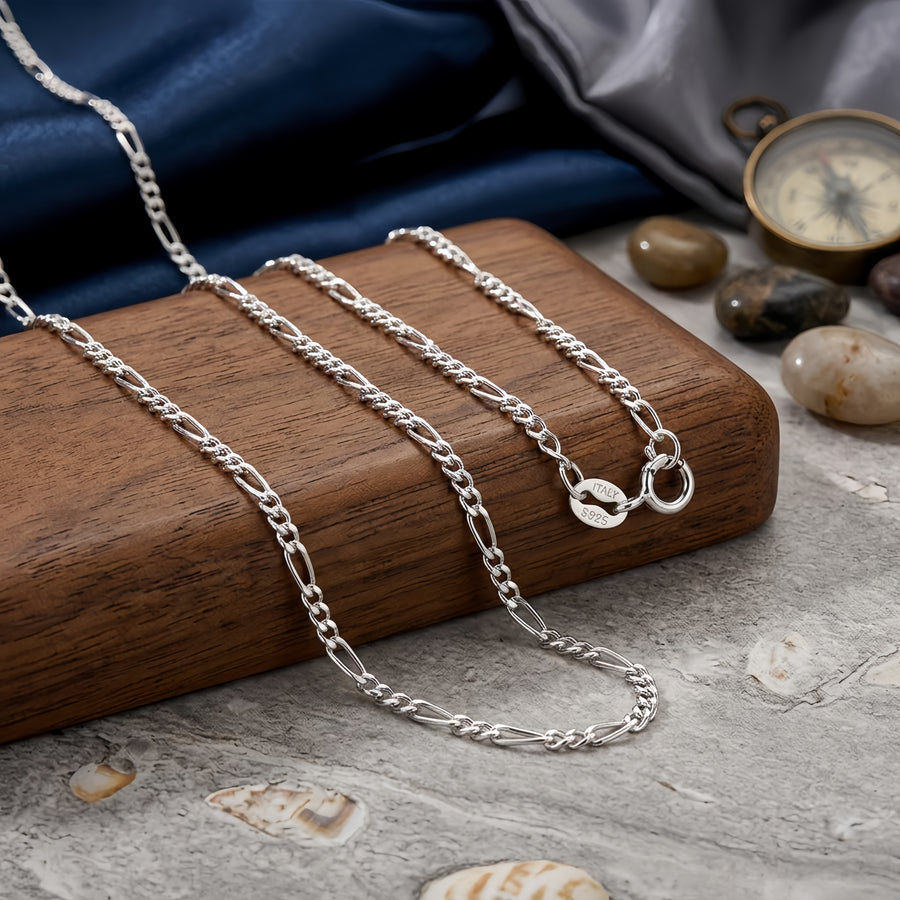 Italian Figaro Chain Necklace – sterling silver necklace, close-up