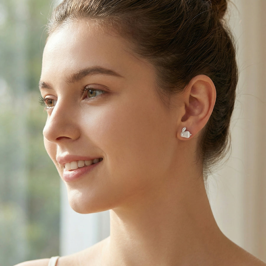 Silver Rabbit Moonstone Stud Earrings – sterling silver earrings, front view
