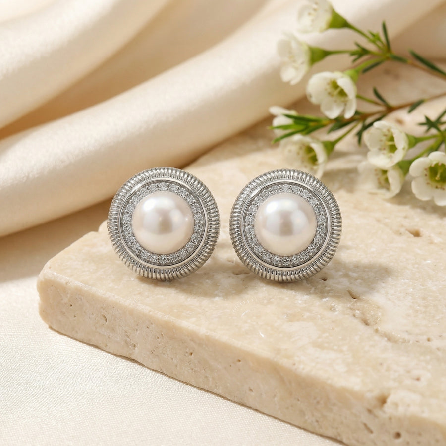 Pearl Halo Studs, Ribbed Silver Frame – pearl earrings, front view