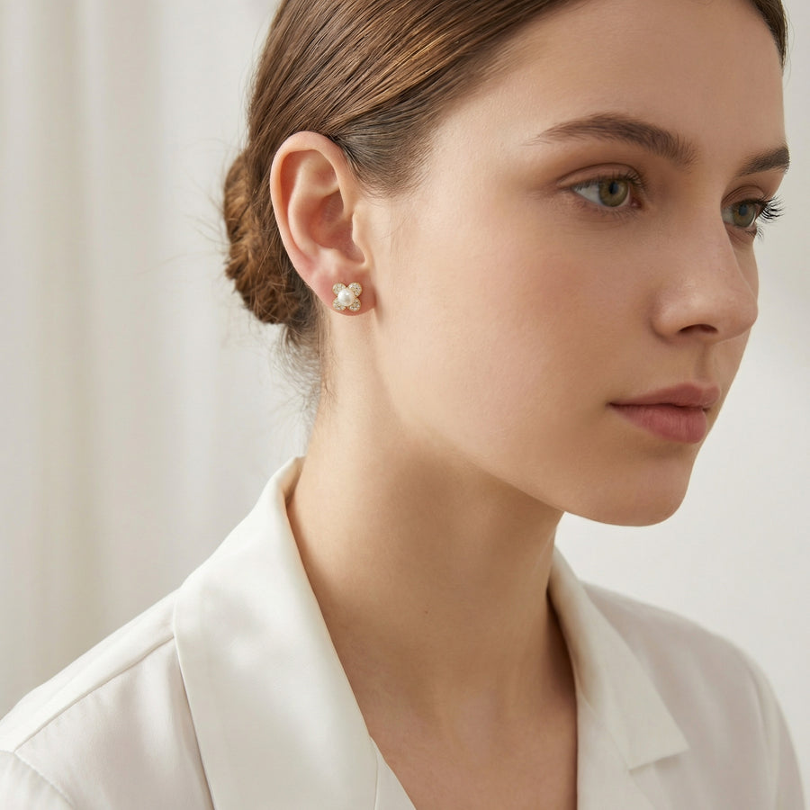 Pearl and CZ Floral Petal Studs – pearl earrings, close-up