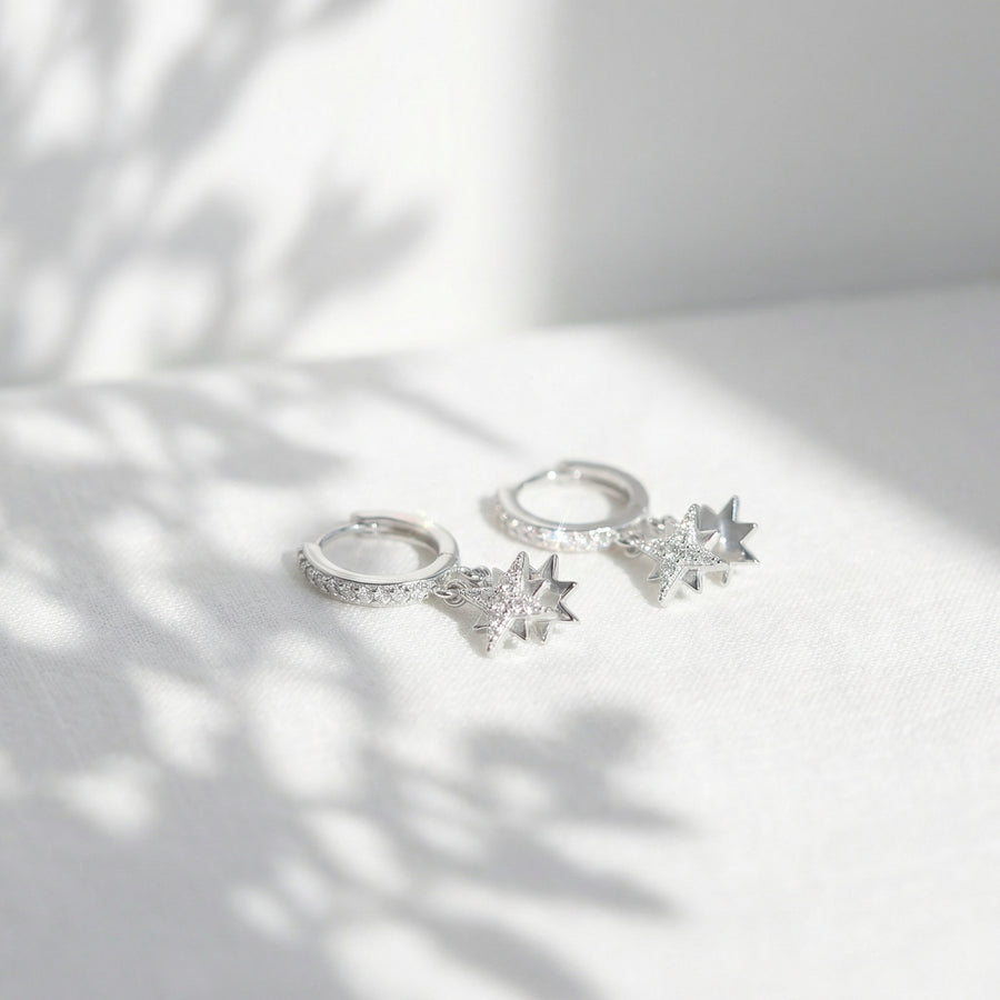 Celestial Star Dangle Hoop Earrings – sterling silver earrings, close-up