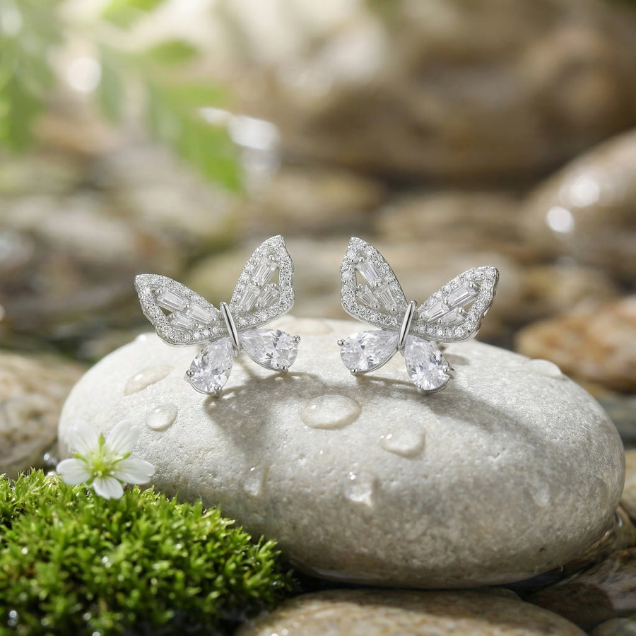 Multi-Cut Butterfly Stud Earrings – sterling silver earrings, close-up