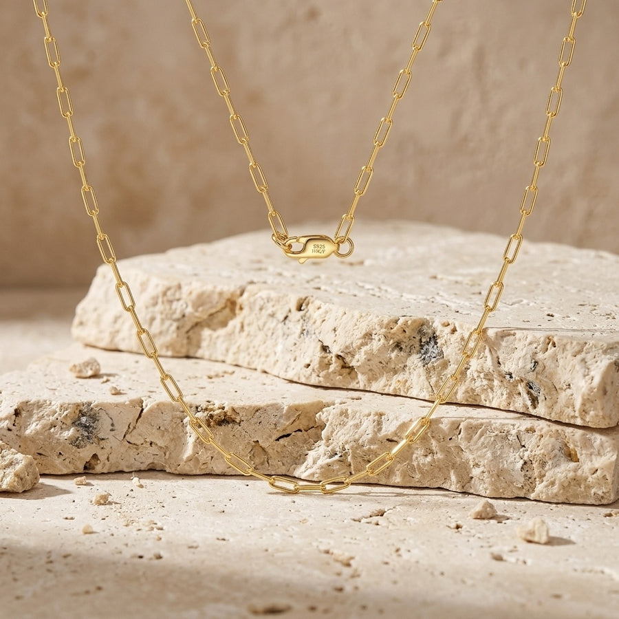 18K gold-plated Paperclip Chain, Italian Made – gold-plated necklace, front view