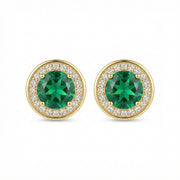 Round Green stone Halo Stud Earrings – green stone earrings, close-up