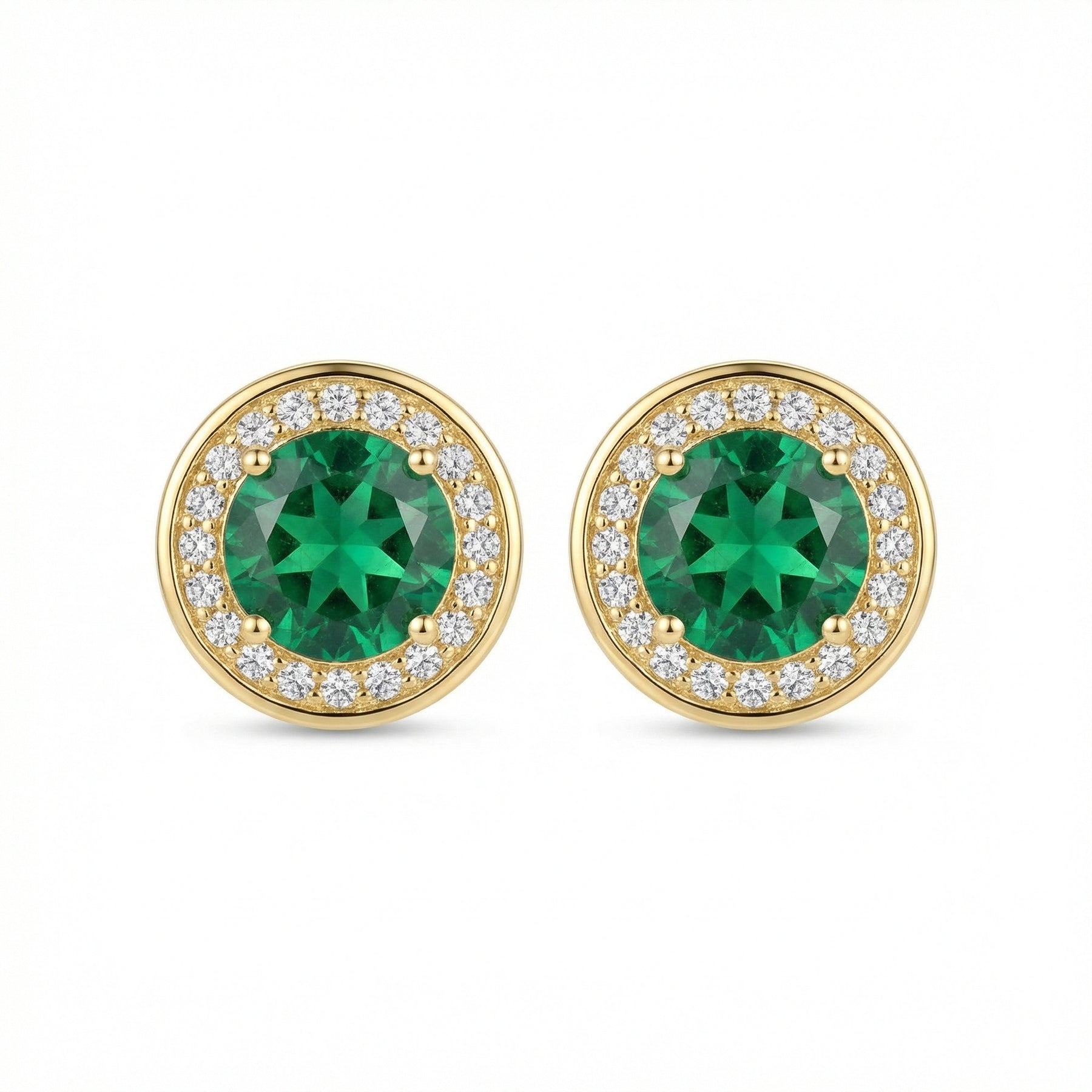 Round Green stone Halo Stud Earrings – green stone earrings, close-up