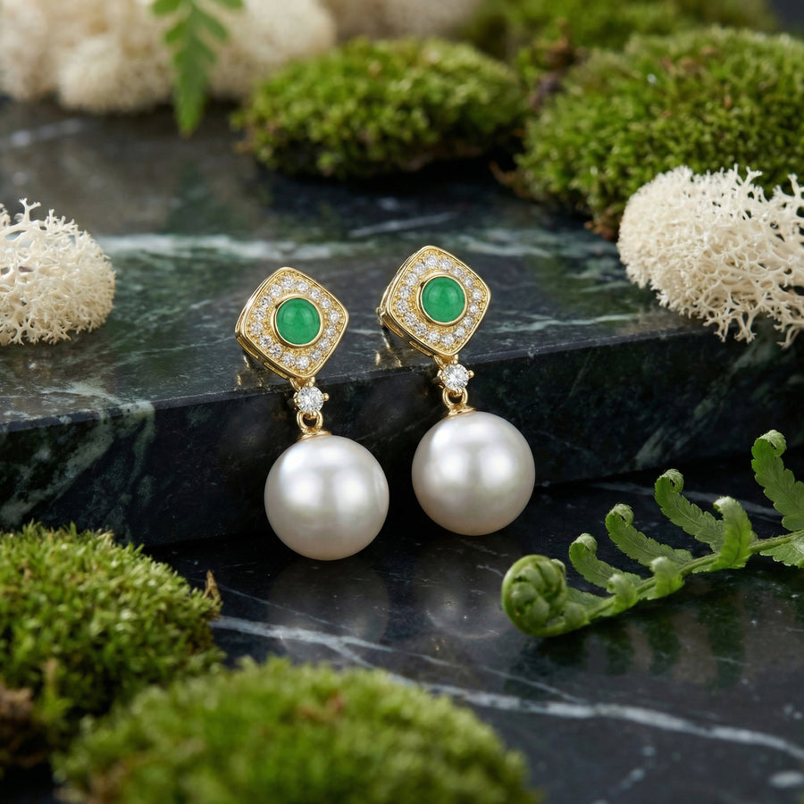 Green stone and Pearl Drop Earrings – pearl earrings, side detail