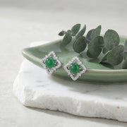 Green Cabochon Floral Halo Studs – sterling silver earrings, side detail