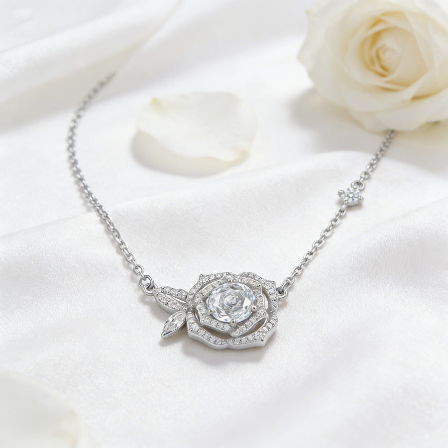 Rose Pendant Necklace with CZ Accents – zircon necklace, front view