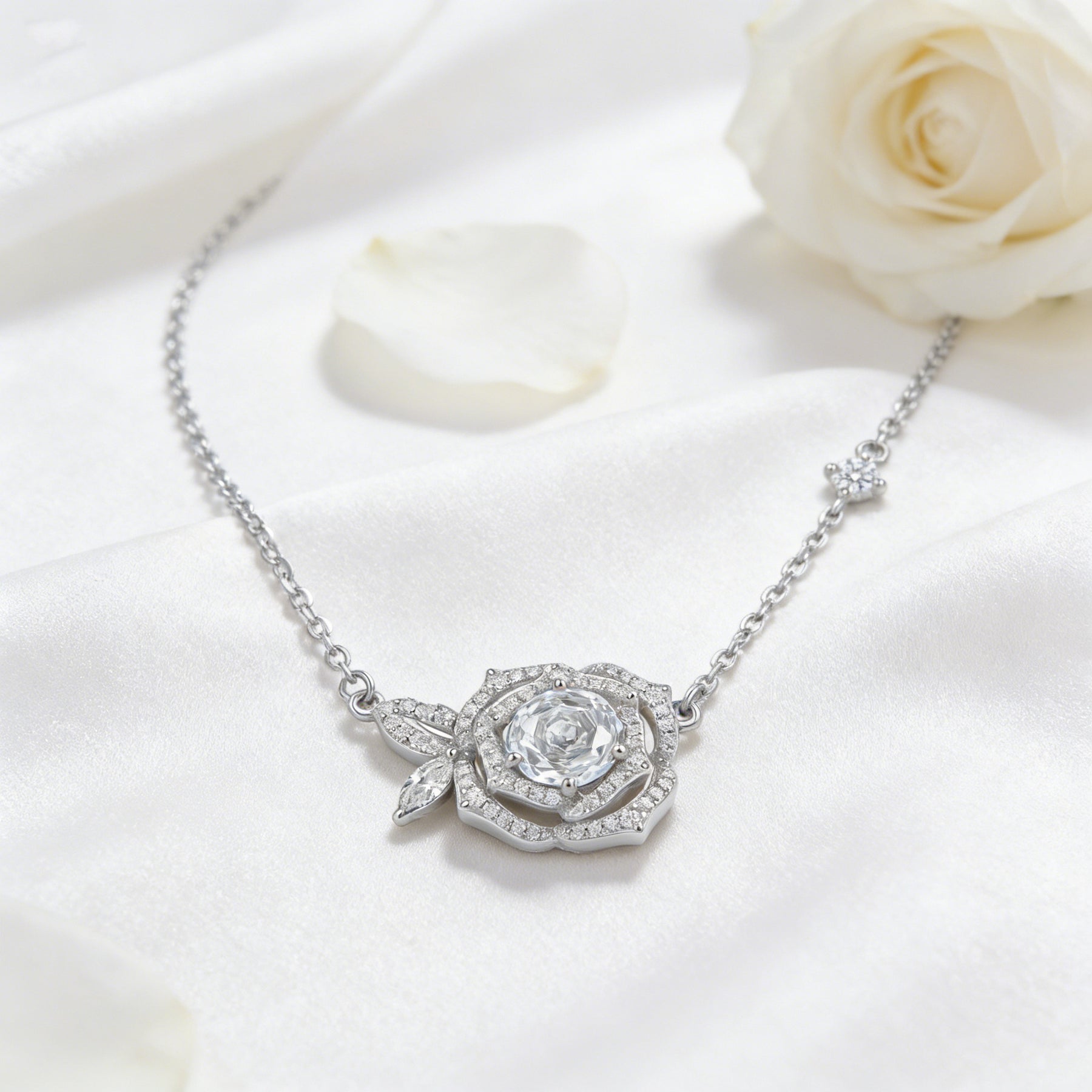Rose Pendant Necklace with CZ Accents – zircon necklace, front view