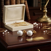 Round White Pearl Studs, Warm Setting – pearl earrings, front view