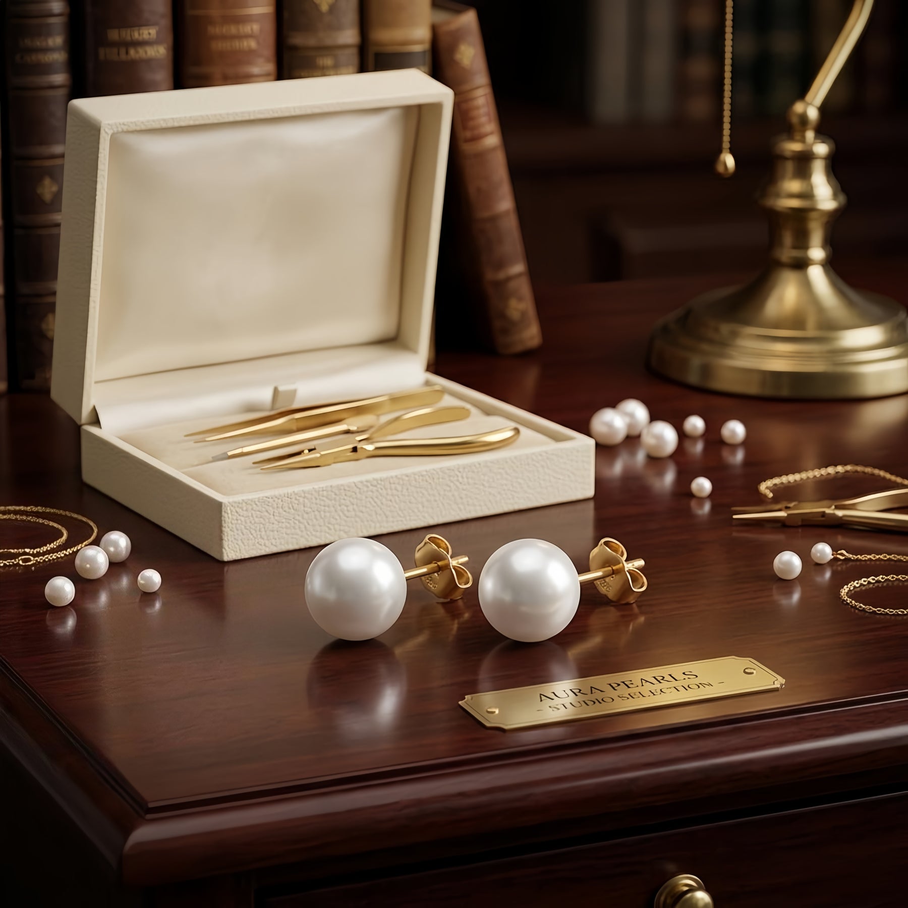 Round White Pearl Studs, Warm Setting – pearl earrings, front view