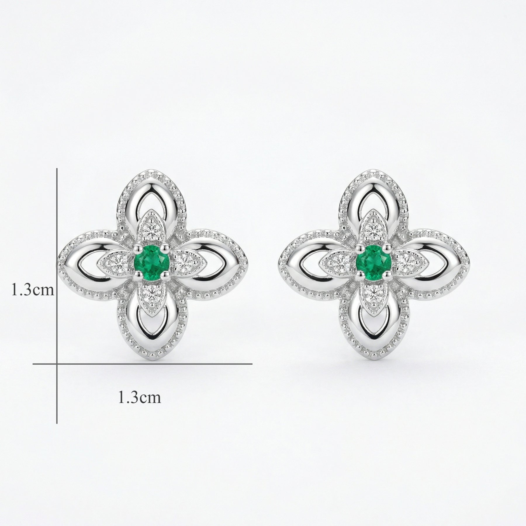 Green stone Floral Studs, Milgrain Detail – green stone earrings, close-up