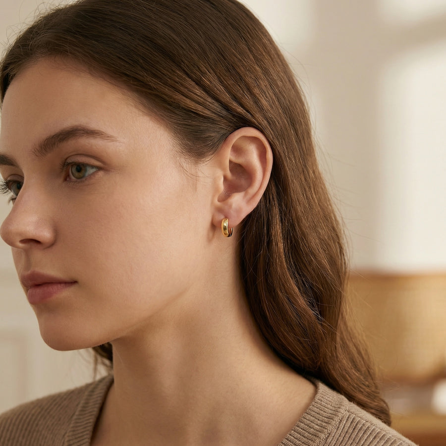 Polished Hoop Huggie Earrings – sterling silver earrings, front view