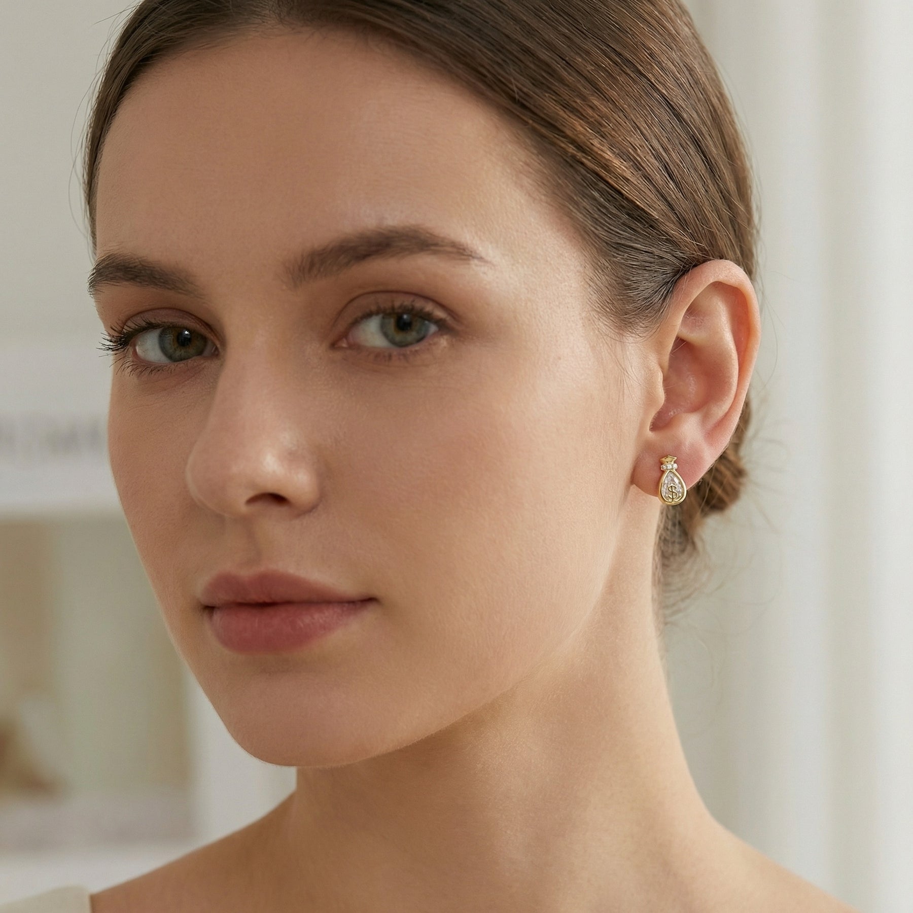 Money Bag Symbol Stud Earrings – sterling silver earrings, side detail