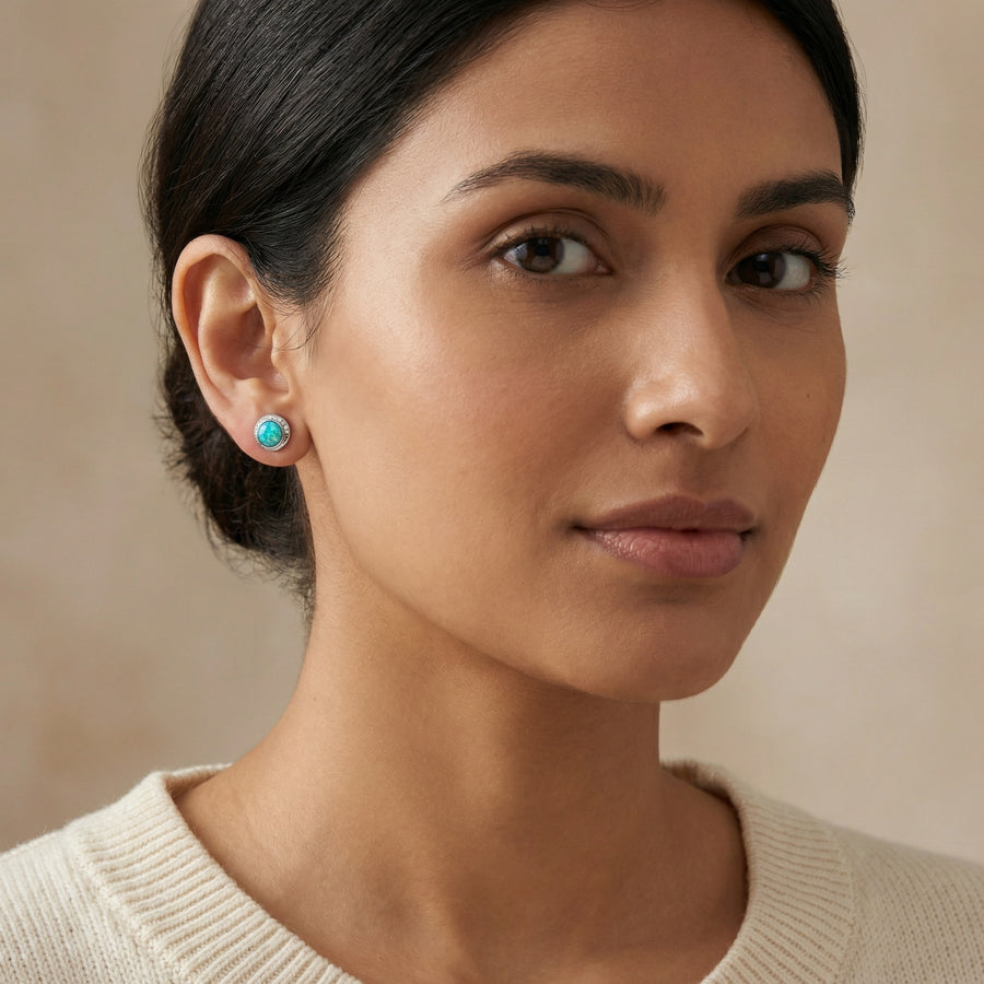 Blue-Green Opal Crescent Halo Studs – opal earrings