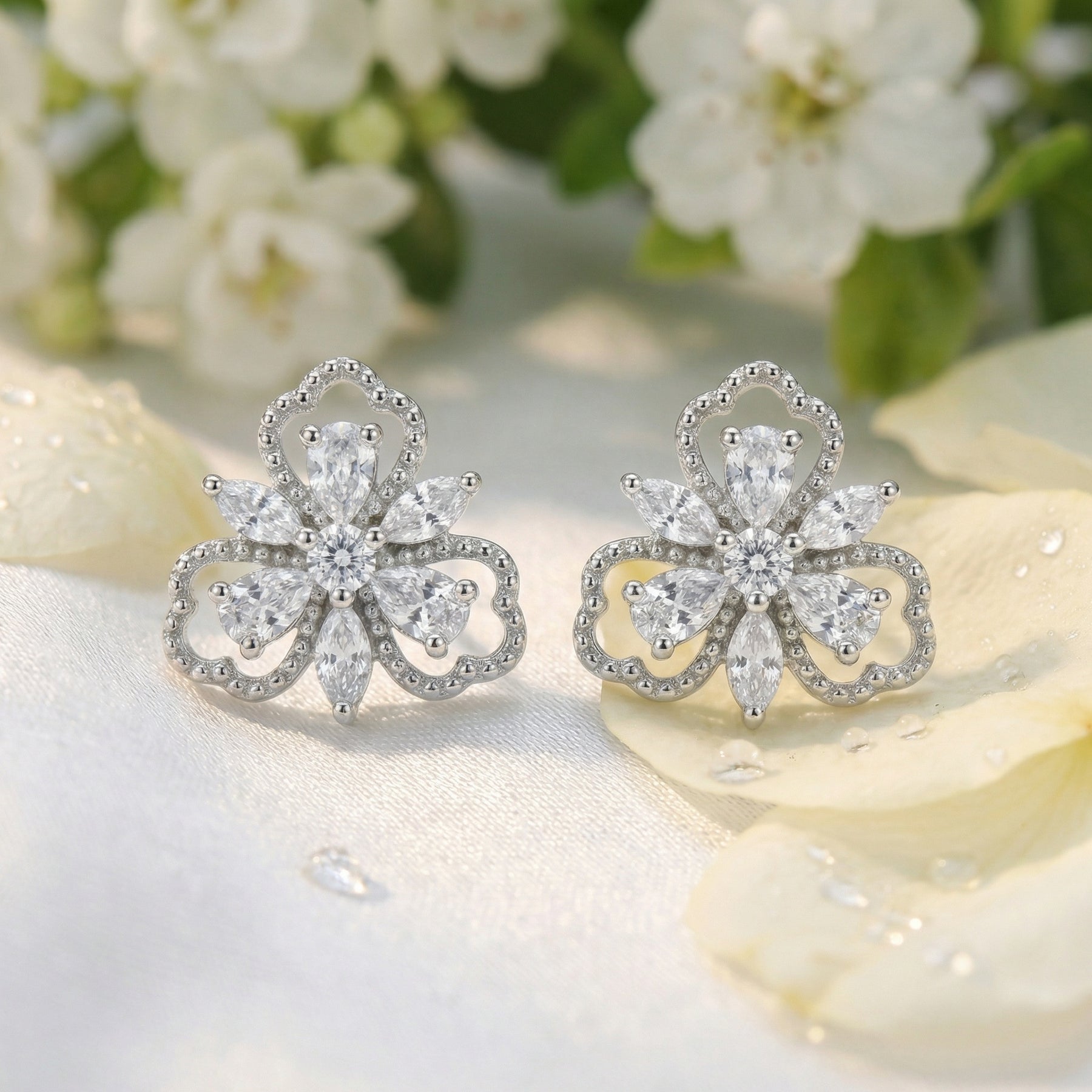 Floral Trefoil Marquise Stud Earrings – sterling silver earrings