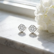 Cushion-Cut CZ Studs with Clover Inset – zircon earrings, front view