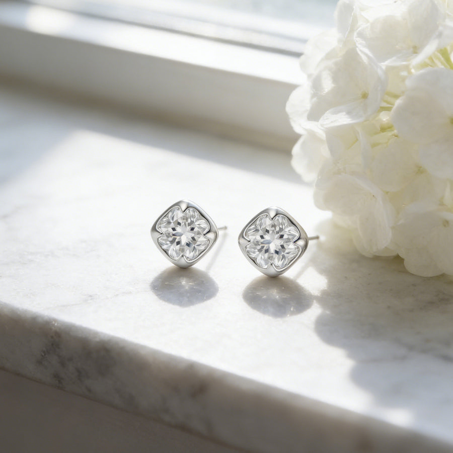 Cushion-Cut CZ Studs with Clover Inset – zircon earrings, front view