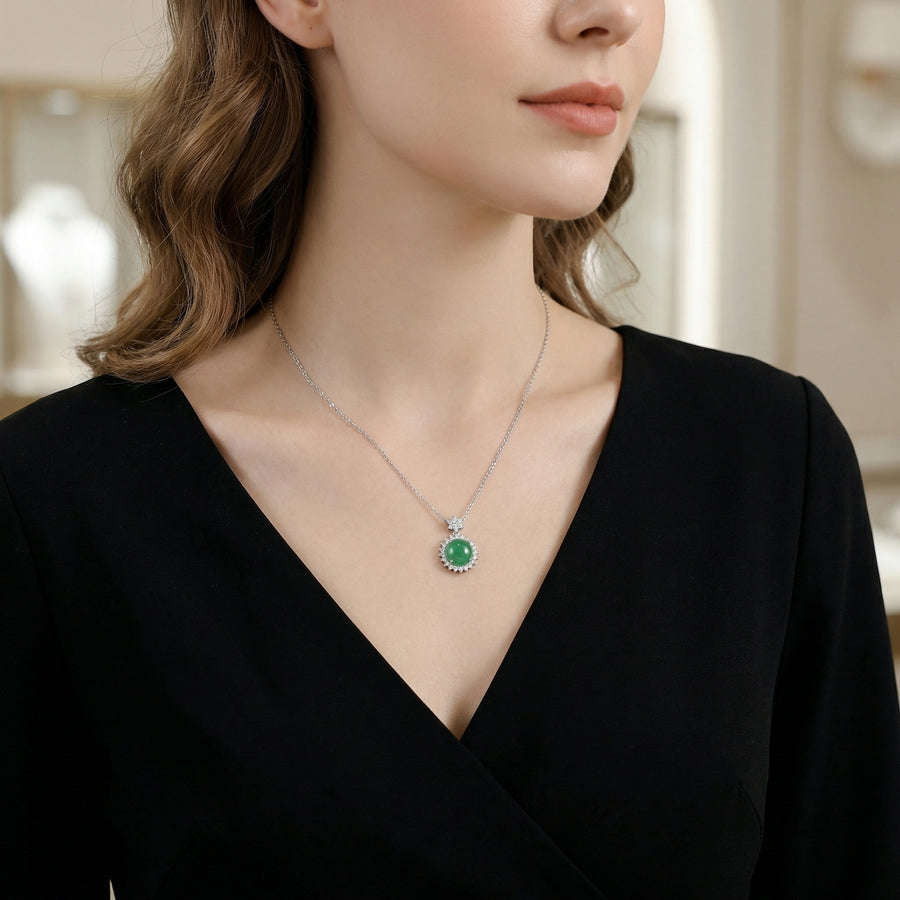 Round Green Jadeite Halo Necklace – jade necklace, side detail