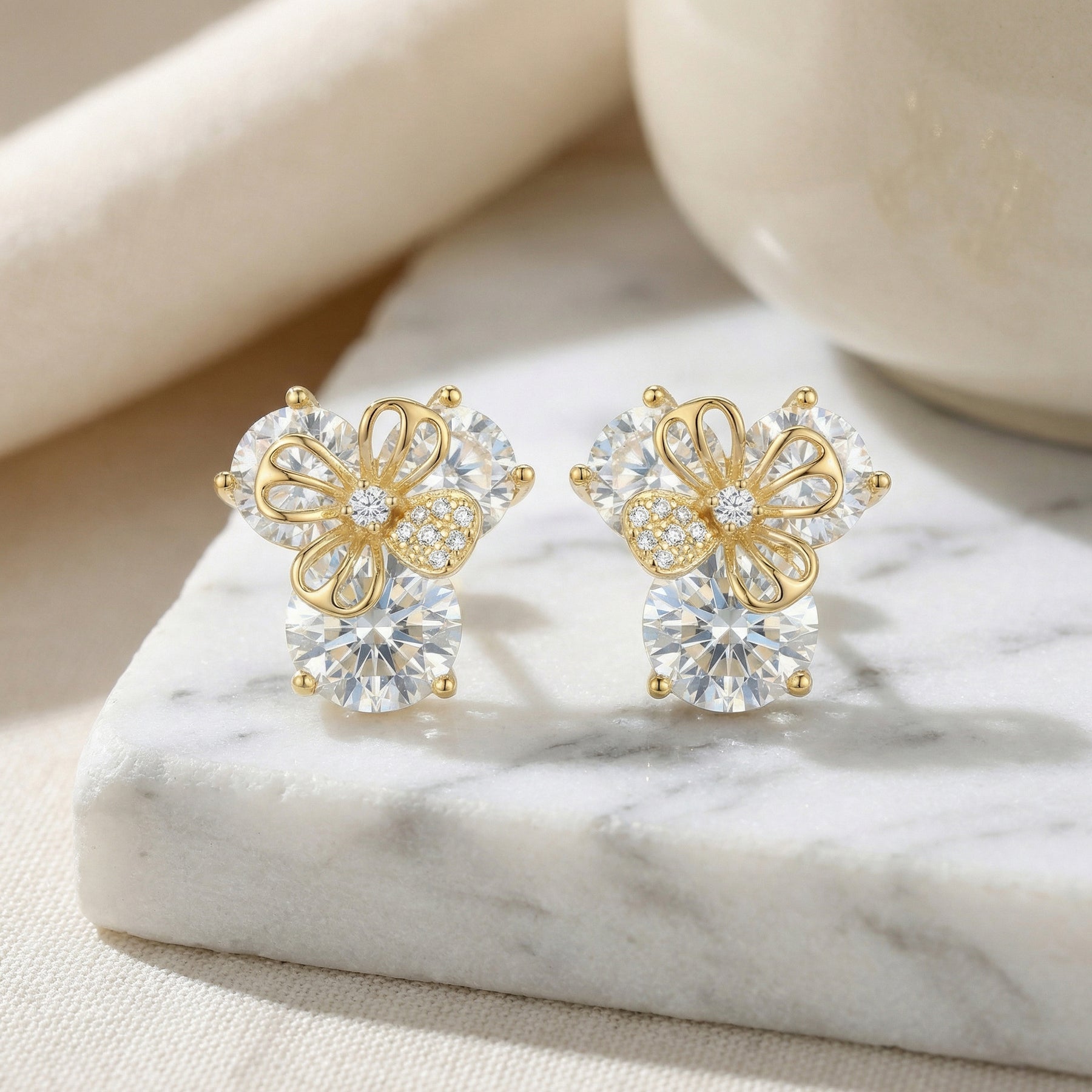 Blossom Studs with Filigree Butterfly – sterling silver earrings, close-up