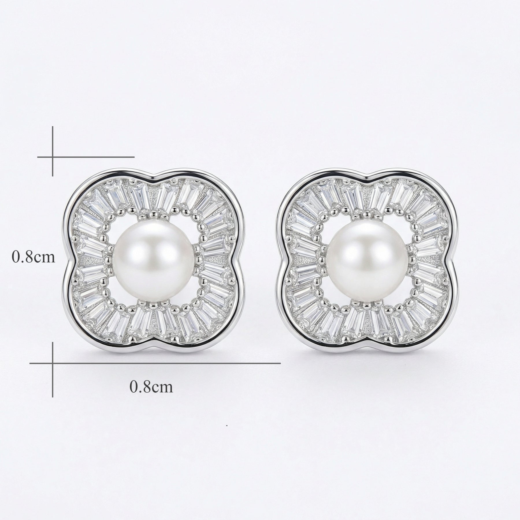 Pearl Baguette Four-Leaf Clover Studs – pearl earrings, side detail