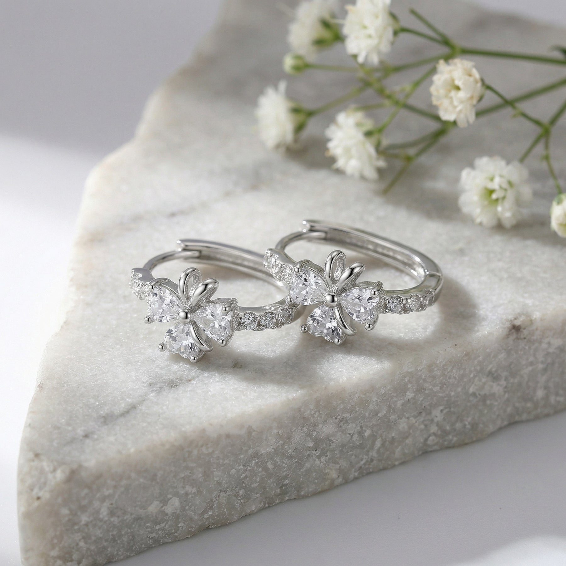 Clover Heart Zirconia Hoop Earrings – zircon earrings, front view