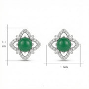 Green Cabochon Floral Halo Studs – sterling silver earrings, front view