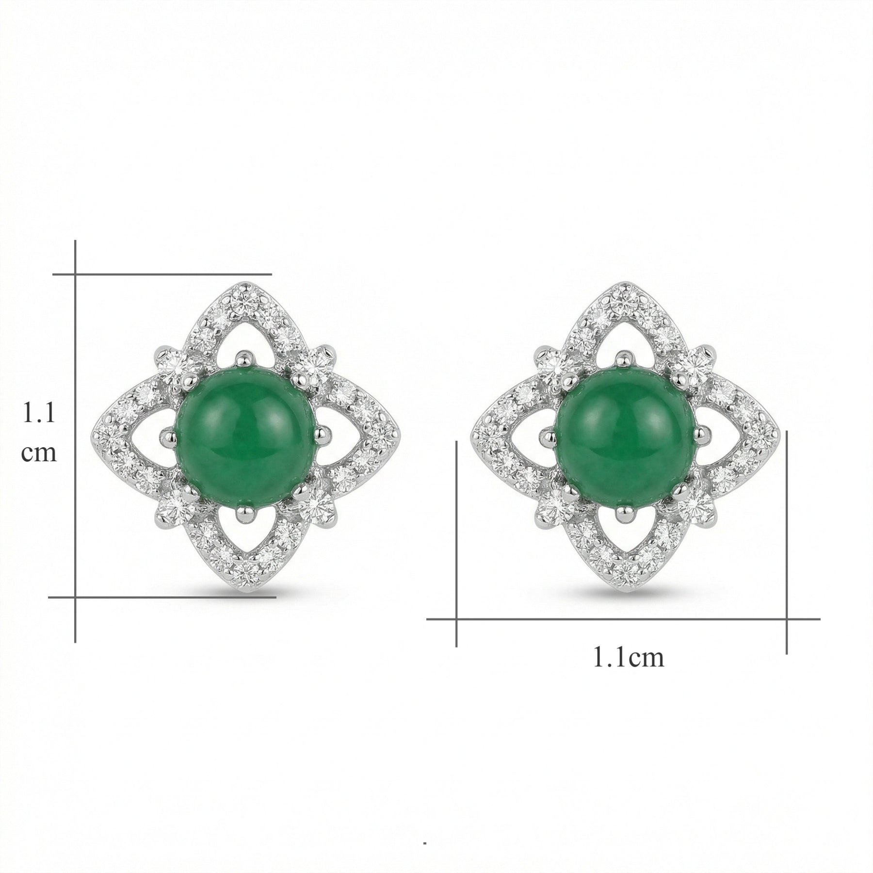 Green Cabochon Floral Halo Studs – sterling silver earrings, front view