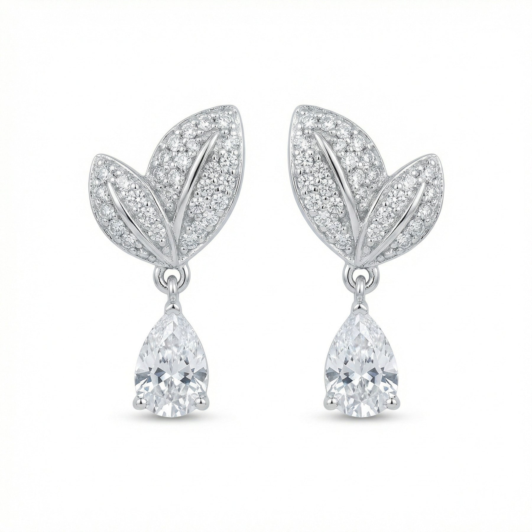 Pear-Cut Sparkling stone Leaf Drop Earrings – sterling silver earrings, front view